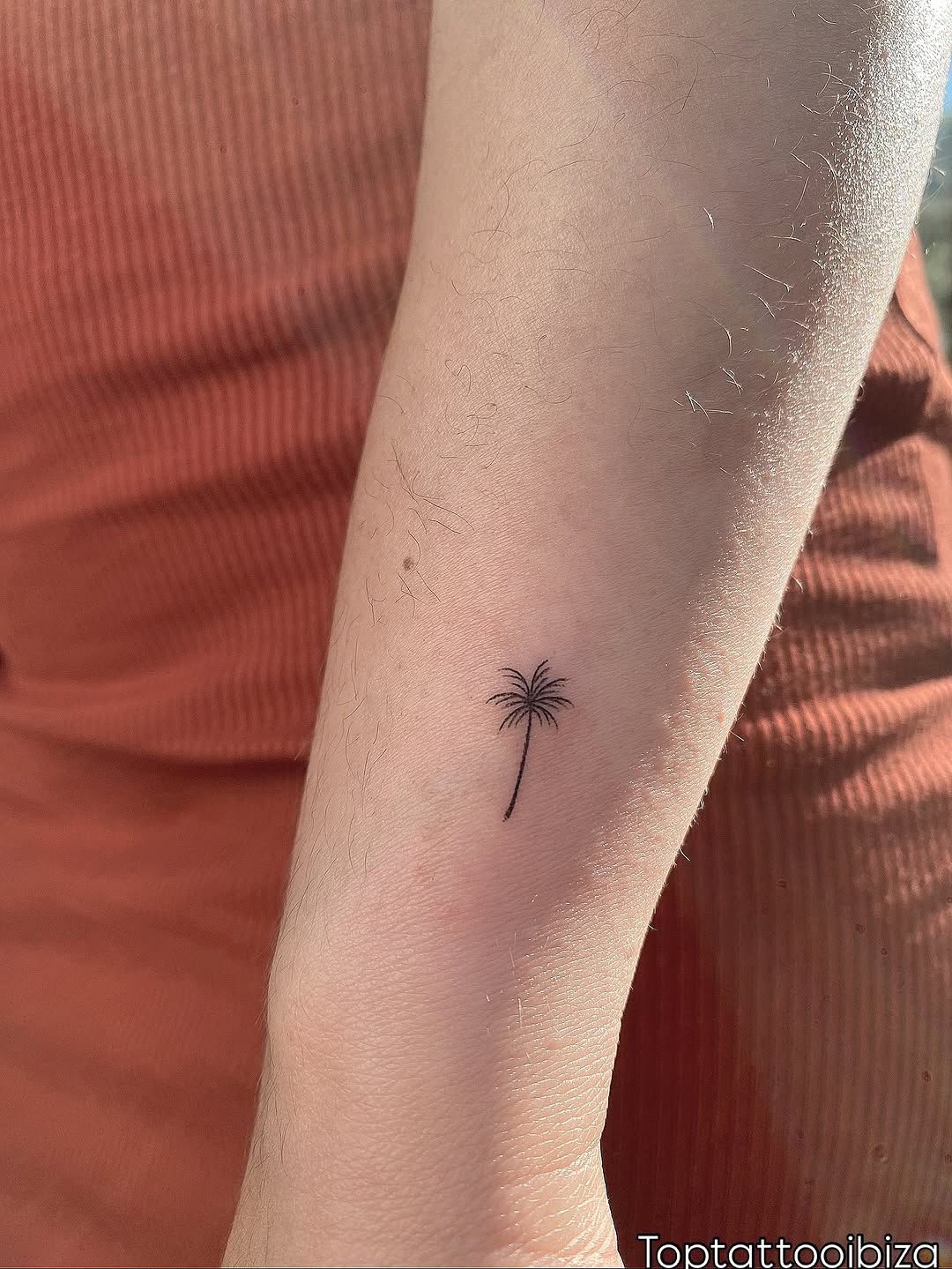 Minimalist single-needle palm tree tattoo on forearm